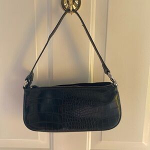 Black Crocodile-Embossed Shoulder Bag